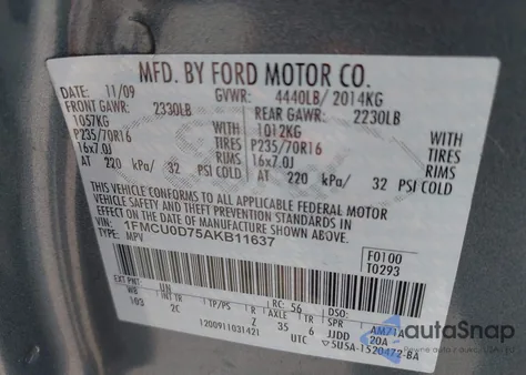 2010 Ford Escape Xlt from USA, damaged, VIN 1FMCU0D75AKB11637
